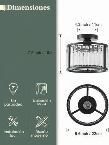 Vista 4 de Lámpara de techo negra empotrada, lámpara de cristal enjaulada de 2 luces, lámpara de pasillo de tambor pequeño, montaje de techo