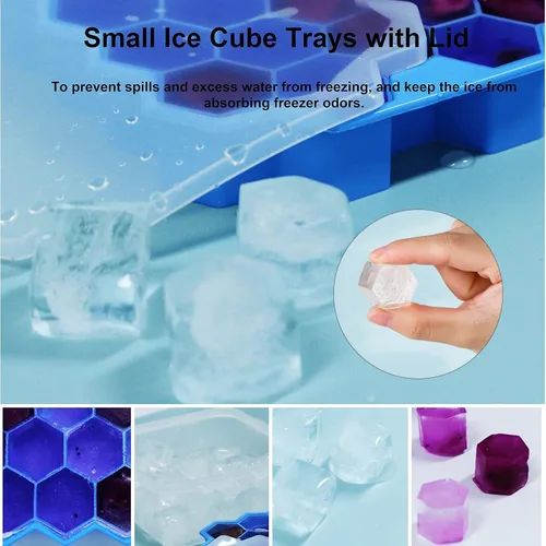 Vista 5 de Bandejas de cubitos de hielo para congelador con tapa-37 cuadrícula de silicona para moldes pequeños de cubitos de hielo, fácil de liberar y Azul