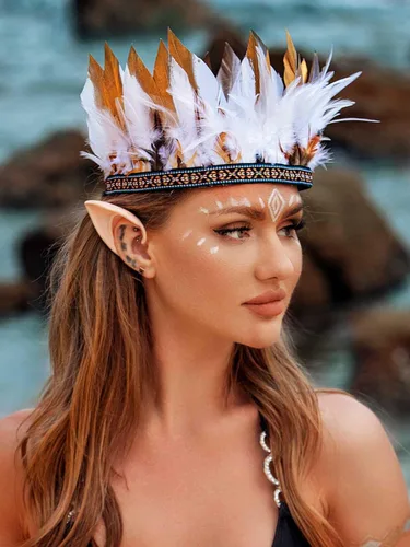 Vista 4 de CAKURE Diadema de plumas, corona, plumas indias, tocado, tocado, tocado, carnaval, Halloween, disfraces, accesorios para el cabello