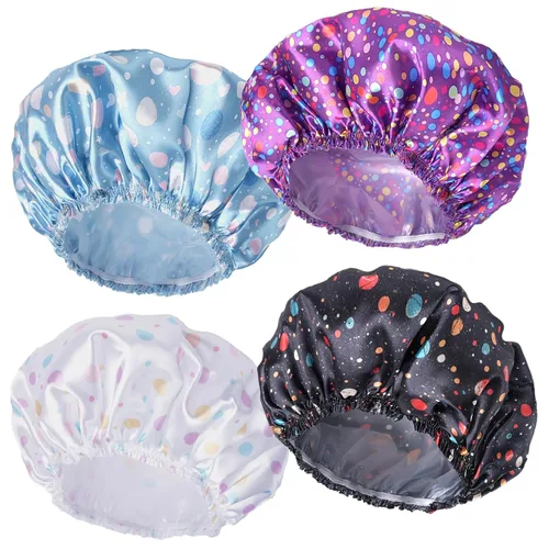 Vista 13 de 4 piezas de gorros de ducha para mujer, gorros de baño con estampado, gorro de ducha de doble capa reutilizable e impermeable, gorros de ducha
