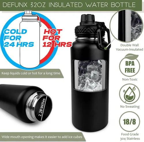 Vista 2 de DEFUNX Botella de agua de 32 onzas con funda, botella aislada con correa de acero inoxidable, botellas de agua para gimnasio, para hombres