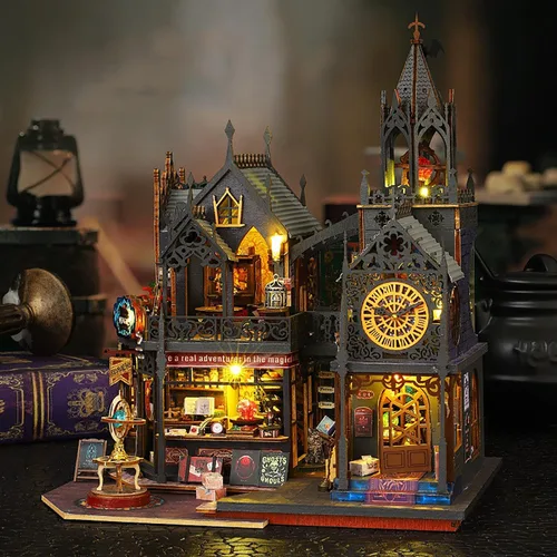 Vista 4 de Kit de Rincón de Libros de Bricolaje - Kit de Casa de Muñecas en Miniatura con Muebles y Luz LED, Rompecabezas 3D de Madera Sujetalibros de Arte