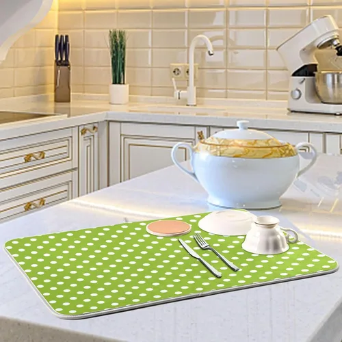Vista 6 de Tapete de secado de platos verde para cocina, tapete de secado de microfibra verde menta con lunares blancos, tapete de secado de microfibra