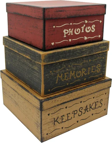 Vista 7 de CVHOMEDECO. Cajas anidadas rectangulares vintage primitivas de cartón “La familia lo es todo”, grandes 12 x 9 x 14 cm. Juego de 3.
