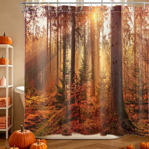 Vista 19 de HVEST Cortina de ducha con ganchos, calabaza espeluznante y fantasma con sombrero de bruja negro, juego de cortina de ducha naranja con flores