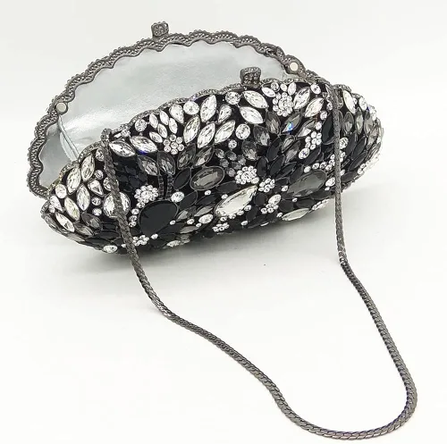 Vista 7 de Boutique De FGG Bolsos de noche de flores y embragues para mujer, bolsos formales de diamantes de imitación, bolsos de mano de cristal de boda