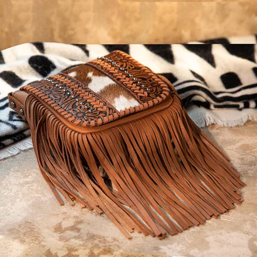 Vista 2 de Montana West Bolso cruzado para mujer de cuero genuino con flecos occidentales