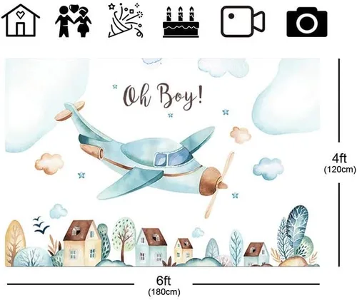 Vista 3 de Telón de fondo de baby shower con texto en inglés "Oh Boy", decoración de fiesta de cumpleaños para niños, fondo de avión, para recién nacidos
