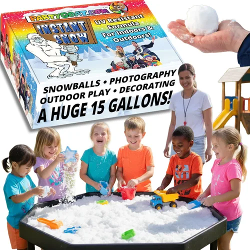 Vista 11 de PARTY GOAT Polvo de nieve instantáneo para juegos y decoración sensoriales. 18 onzas hace 7 galones de nieve falsa. Hasta 400 bolas de nieve