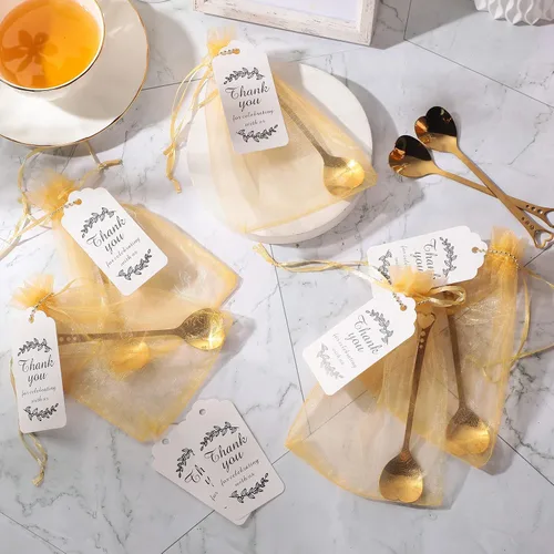 Vista 4 de Meanplan Juego de 50 cucharas de corazón doradas para fiestas, cucharas de café de acero inoxidable con bolsas de organza, tarjetas