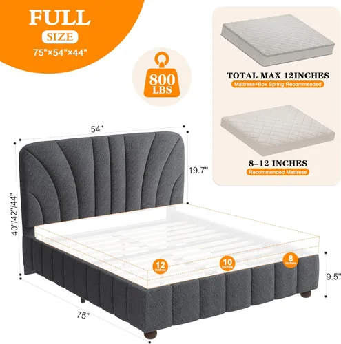 Vista 2 de Estructura de cama Boucle de tamaño matrimonial con cabecero ajustable tapizado gris