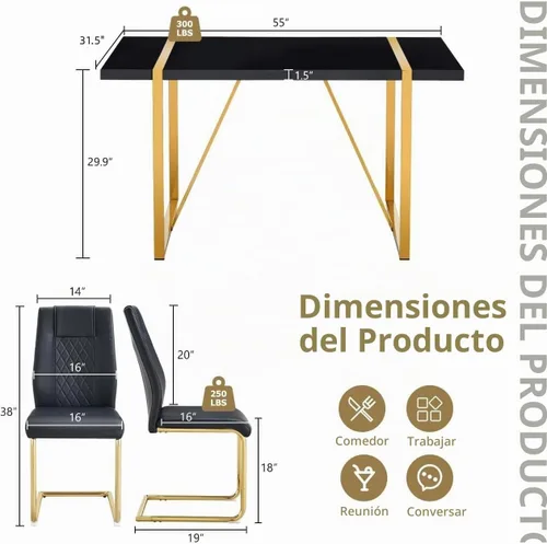Vista 3 de Juego de mesa de comedor moderna de 55 pulgadas para 4, mesa de comedor negra y marco de metal dorado, mesa de comedor rectangular con 4 sillas