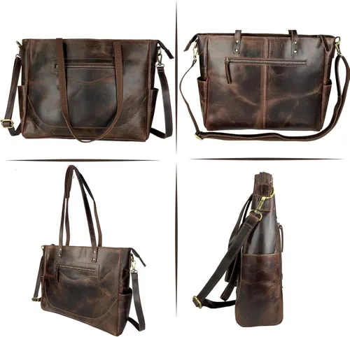 Vista 3 de LUXI TREASURE Leather Laptop Tote bag Brown color 16 INCH Ladies Messenger bag Ladies Handbag Shoulder Bag Purse