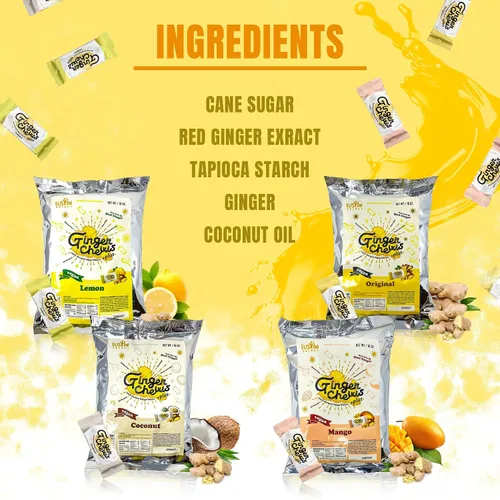 Vista 7 de Fusion Select Ginger Chews - Delicias dulces y confitadas suaves de Indonesia - Promueven el alivio de las náuseas matutinas, malestar estomacal