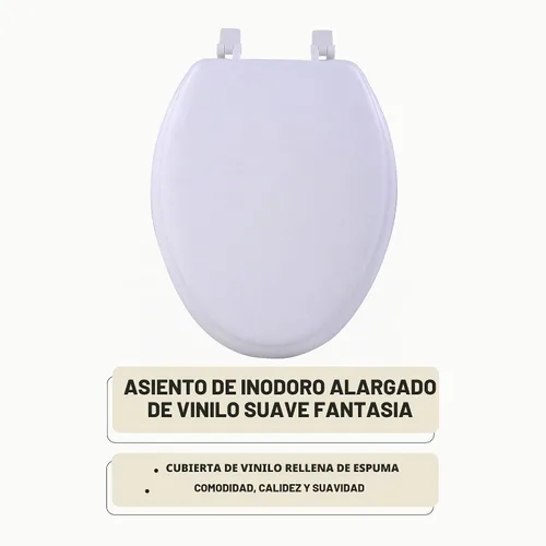 Vista 2 de Asiento de inodoro alargado de vinilo suave, blanco - Funda de vinilo suave de 19 pulgadas con amortiguación de espuma para mayor comodidad - Se