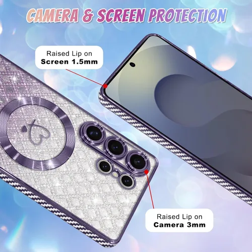 Vista 128 de Bonoma - Funda compatible con Samsung Galaxy S21 Plus, diseño de corazón con purpurina, color rosa Support for MagSafe, Plating Magnetic Case TPU