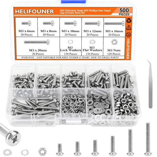 Vista 11 de HELIFOUNER 1280 piezas M2 M3 M4 M5 Phillips Tornillos de máquina de cabeza cacerola, arandelas planas y tuercas surtidas, acero inoxidable 304
