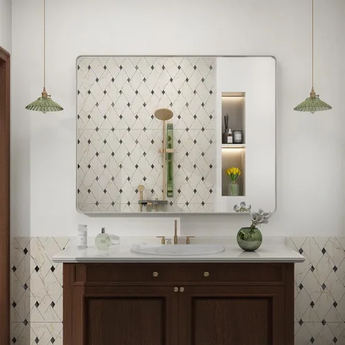 Vista 107 de Paquete de 2 espejos de baño con marco de metal negro de 22 x 30 pulgadas, espejo rectangular redondeado negro mate, antioxidante, se cuelga