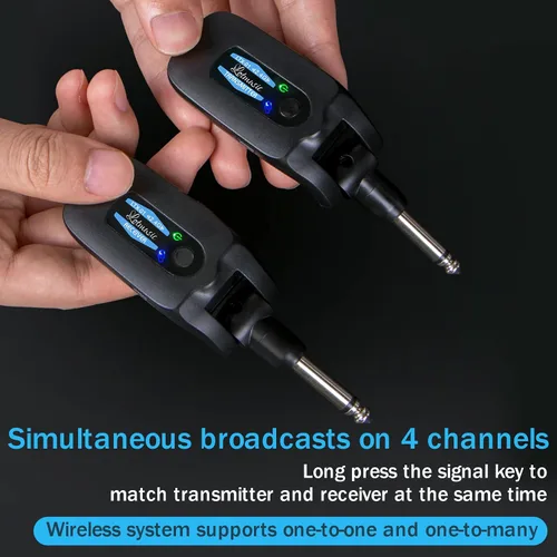 Vista 4 de Sistema de guitarra inalámbrica de 2.4 GHZ, receptor transmisor de guitarra digital inalámbrico recargable con 4 canales y más de 10 horas de Azul