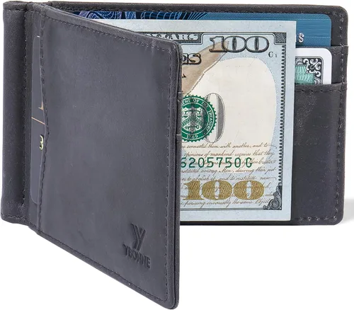 Vista 13 de YBONNE - Cartera fina con clip para dinero, de cuero auténtico, bloqueo RFID, minimalista