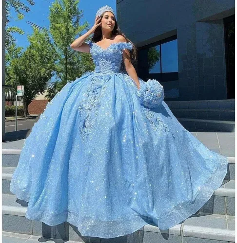 Vista 4 de Youjiayi Vestidos de quinceañera florales 3D para mujer, vestidos largos de tul hinchados, vestidos de baile de graduación con hombros descubiertos