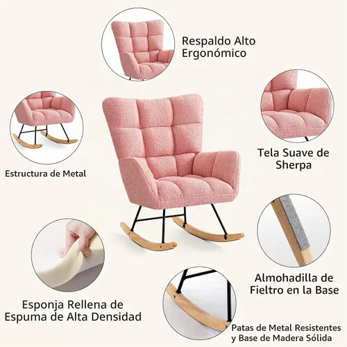 Vista 5 de Furniliving - Mecedora tapizada para cuarto de bebé, silla balancín moderna con asiento acolchado, silla de lectura con respaldo alto y cómoda
