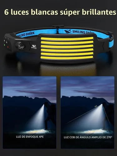 Vista 2 de Smiling Shark - Linterna frontal LED recargable integrada, paquete de 2 unidades de 6 luces blancas de gran angular impermeable con batería sellada