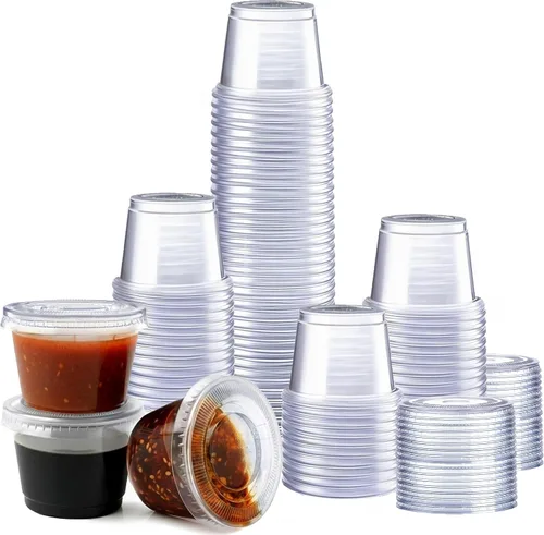 Vista 10 de GUSTO [2 oz.-100] Unidades Vasos de Plástico Desechables Transparentes para Porciones con Tapas - Vasos de Soufflé, Vasos para Shots de Gelatina