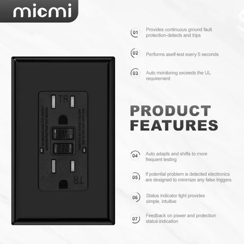 Vista 4 de Micmi Salida GFCI, receptáculo GFI resistente a manipulaciones con indicador LED, interruptor de circuito de falla de tierra de prueba automática