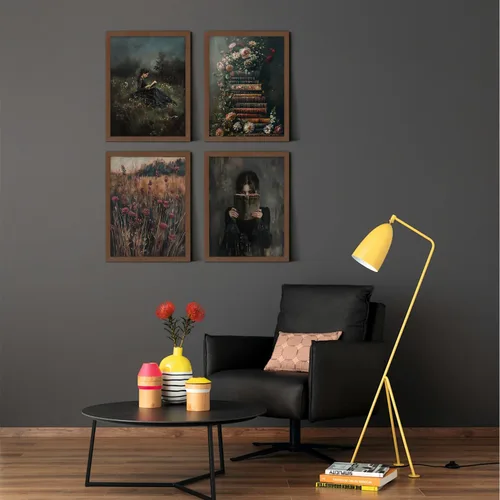 Vista 5 de Unframed Dark Academia Victorian Wall Art Set of 4,Vintage Woman Reading Painting Canvas Prints,Floral Bookshelves,Rustic Field & Antique Book