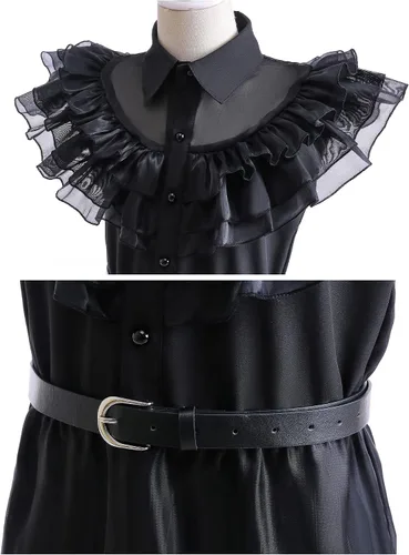 Vista 4 de GRIVOS Wednesday Addams - Disfraces de vestir para niños y niñas, fiesta familiar, disfraz de cosplay con peluca de cinturón de 4 a 14 años