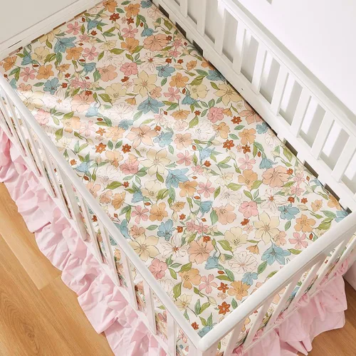 Vista 7 de Brandream Juego de ropa de cama de cuna para niñas, 3 piezas, diseño floral para guardería, con flores encantadoras, pétalos pintorales, hojas
