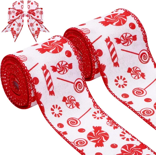 Vista 9 de Berlune 2 rollos de cinta de Navidad con borde de alambre de menta caramelo de 2.5 pulgadas de ancho, cinta de arpillera para manualidades, coronas
