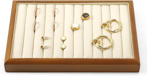 Vista 15 de Oirlv Bandeja Organizadora de Joyas Colgante de Madera Maciza de 12 Rejillas con Forro para Cajón de Joyas (Gris)