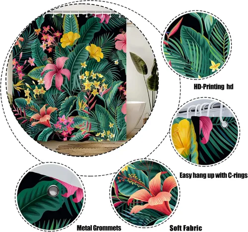 Vista 7 de Cortina de ducha con diseño floral de plantas tropicales, palmeras verdes, hojas de plátano, flores rosas, selva botánica, naturaleza, cortina