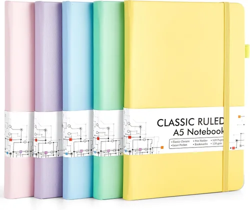 Vista 24 de feela Paquete de 5 cuadernos a granel, cuadernos de tapa dura clásicos rayados con soporte para bolígrafo para mujeres y niñas, suministros