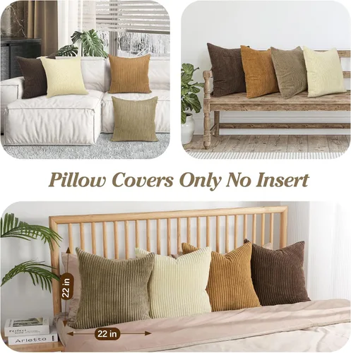 Vista 7 de Lewondr - Fundas de almohada de pana, juego de 4 fundas cuadradas de 22x22 pulgadas, con diseños a rayas modernas, para sofá, sala de estar, Marrón