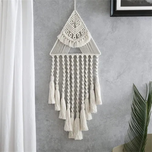 Vista 3 de Tapiz de macramé tejido de algodón, estilo bohemio, atrapasueños, decoración de pared, 10.5 x 28 pulgadas