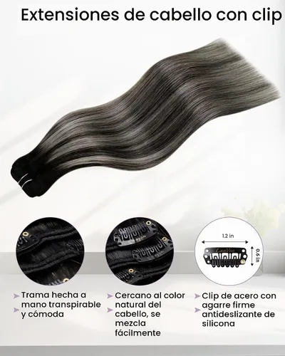 Vista 3 de LaaVoo Extensiones de Cabello con Clip Ombre Negro Natural a Gris Plateado Mezclado Negro Balayage Extensiones de Cabello Humano con Clip