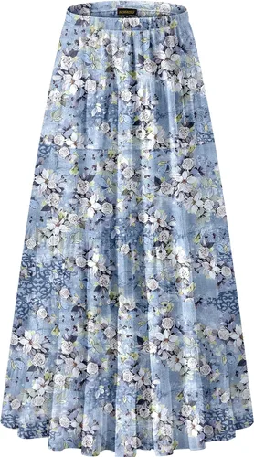 Vista 52 de NASHALYLY - Faldas largas de gasa, acampanadas, plisadas, con cintura alta y elástica para mujer Albaricoque Rosa Floral