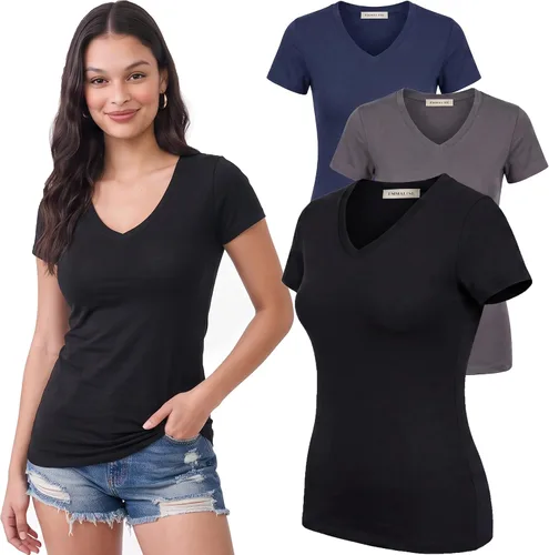 Vista 79 de Emmalise Camiseta de manga corta para mujer, cuello en V, tallas junior y plus