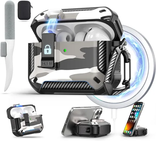 Vista 18 de Maxjoy Funda para AirPods Pro 3 2025, MagSafe compatible con bloqueo automático, funda protectora a prueba de golpes con soporte para teléfono