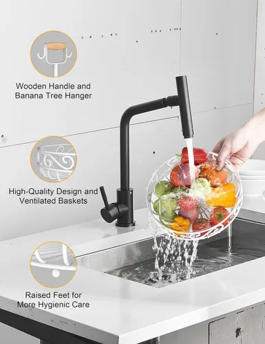 Vista 4 de Plato de 2 niveles y frutero – Almacenamiento de frutas y verduras con colgador de árbol de plátano y mango de madera, cesta de frutas para encimera