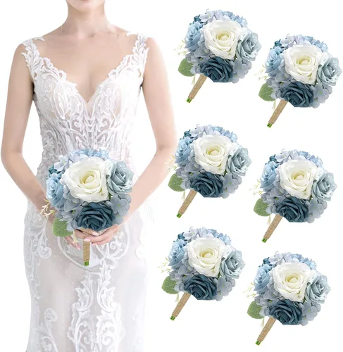 Vista 14 de Ramo de dama de honor artificial para boda, ramo de flores de seda prefabricadas de 7 pulgadas, ramo de flores pequeñas para dama de honor