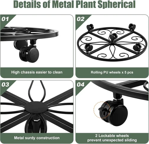 Vista 4 de 3 paquetes de 18 pulgadas para plantas con ruedas, soporte de metal para plantas de interior y exterior, soporte rodante para plantas con ruedas