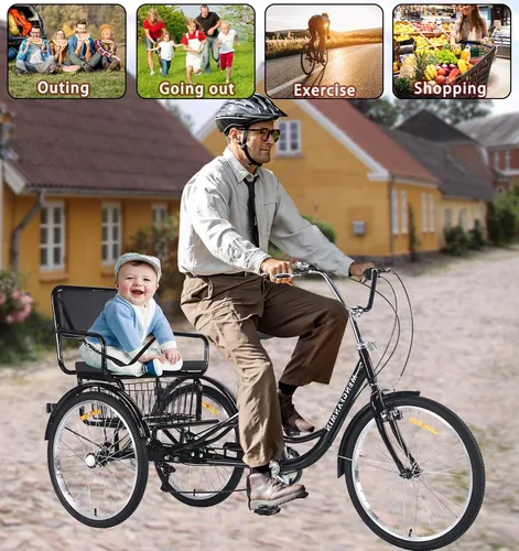 Vista 7 de Triciclo para adultos de 7 velocidades, triciclo para adultos con asiento trasero para damas, bicicletas de 3 ruedas de 24 pulgadas, triciclo