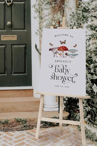 Vista 2 de Letrero de bienvenida de seta para baby shower – Cartel de bienvenida personalizado con hongos y mariposas para baby shower – Decoración de baby