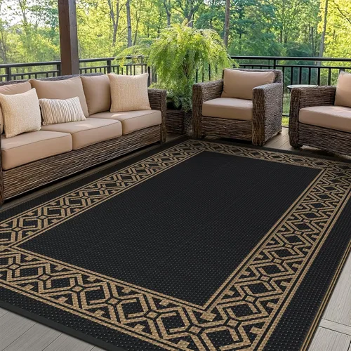Vista 24 de GENIMO Alfombra de Exterior 5'x8' Impermeable para Patio, Alfombra de Paja de Plástico Reversible para Exteriores, Alfombras de Camping para Negro