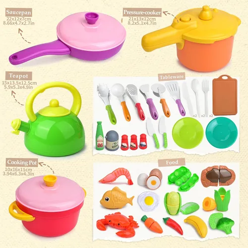 Vista 2 de Juego de cocina para niños, 66 juguetes de cocina para niños pequeños con ollas y sartenes, alimentos, utensilios, utensilios de cocina, juego
