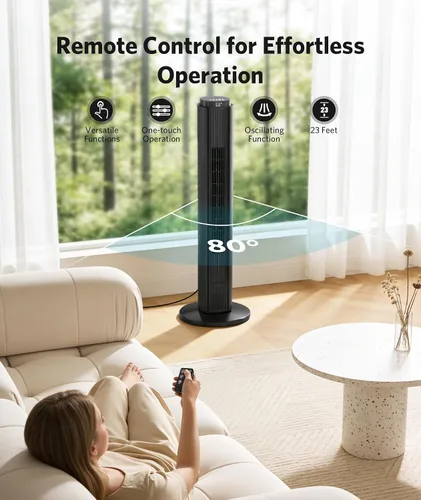 Vista 3 de Ventilador de torre de 36 pulgadas para dormitorio, velocidad de 23 pies/s, ventiladores oscilantes de pie para habitación con 6 velocidades, 4